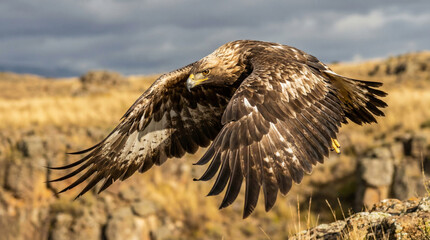 Golden eagle soaring over dry grassland under cloudy sky  