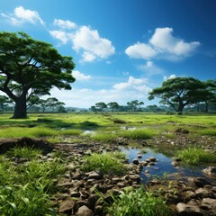 Verdant Landscape with Pools and Trees