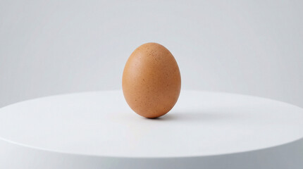Brown egg standing on white pedestal against light background, Spring Equinox  
