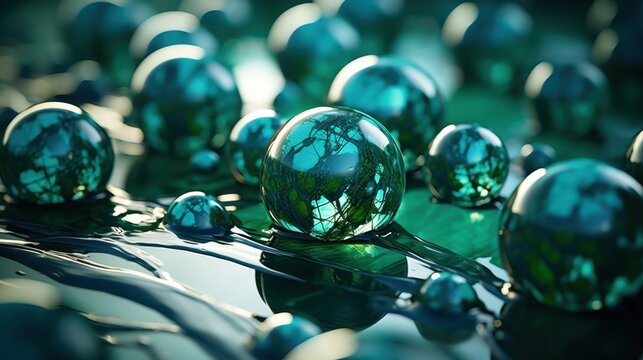 Turquoise spheres in liquid reflection world