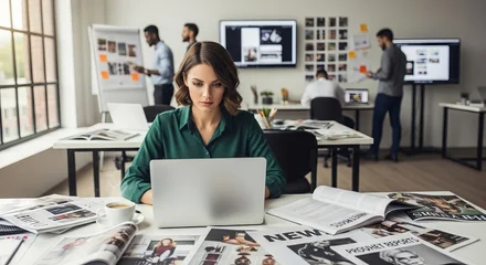 Woman working on laptop surrounded by papers and colleagues in a modern office setting with brainstorming boards © Init