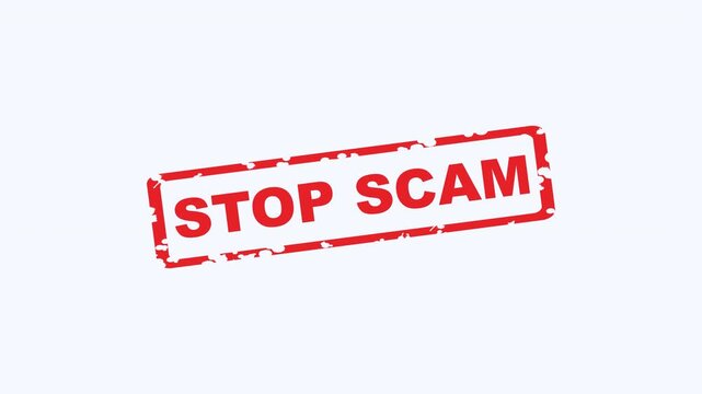 Rectangular red stamp reading stop scam for antifraud messaging. Ideal for websites, social media, posters, and educational materials.