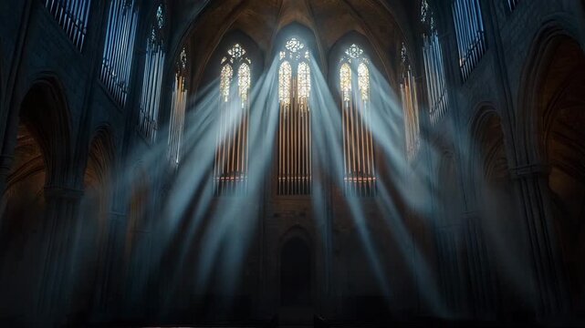 towering pipe organ inside historic cathedral dramatic light video