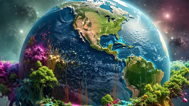 A vibrant, surreal Earth features dripping paints, trees, and cosmic elements