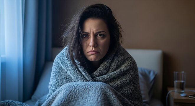 A woman sitting on a bed wrapped in a blanket looks unhappy in a calm indoor setting