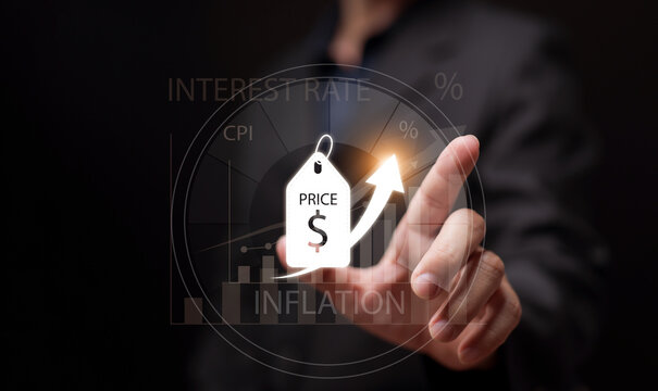 Price and cost of living increase concept. Businessman shows price tag icon with rising arrow, gauge, CPI, and interest rate graph. Economic inflation, budget management, and financial crisis.