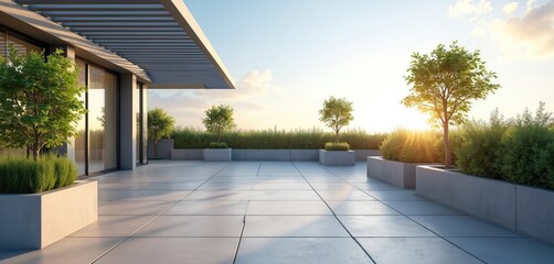 Naklejka premium Modern empty rooftop terrace with potted trees and green bushes. Minimalist urban space with sleek flooring and glass doors. Sun shines bright on clear sky.