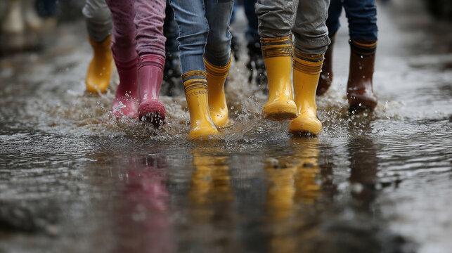 Children in rubber boots splash through puddles.