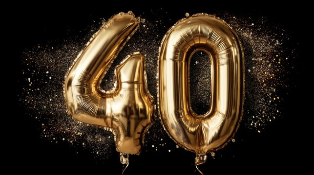 Golden 40th birthday celebration with glittering balloons on black background.