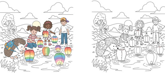 Happy diverse children and cute hedgehog with backpack releasing rainbow floating lanterns on river vector illustration. Festival scene for kids coloring book.