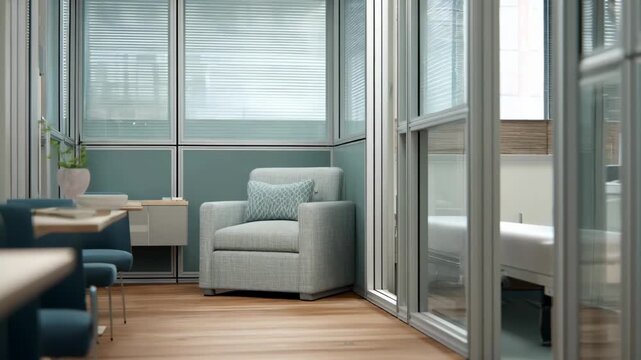 Medium shot of a modular twobay treatment room featuring sliding walls with the main bay in sharp focus and the adjacent bay softly blurred highlighting flexible space design.