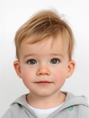 Fototapeta premium Passbild Portrait eines Babys in weißem Outfit mit neugierigem Blick