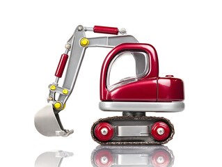 Highly detailed toy excavator isolated on pure white background realistic plastic and metal texture clean commercial product photography soft studio lighting minimal shadow side view ultra sharp