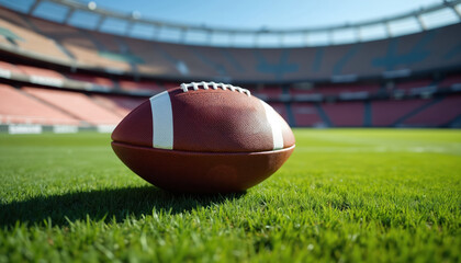 Obraz premium American football rests on vibrant green grass field with stadium seats blurred in background. Sunlight illuminates the sports ball and turf, ready for intense competition.