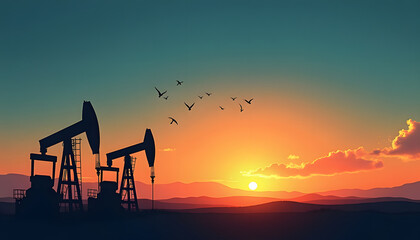 Silhouette of oil pump jacks against a vibrant sunset sky with birds flying