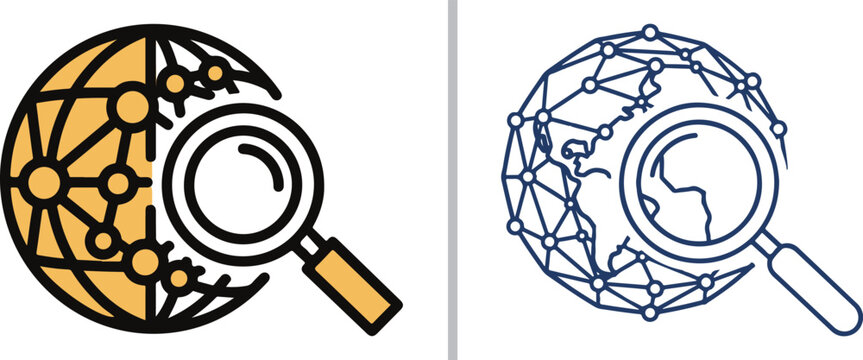 A comprehensive collection of minimalist vector icons featuring global network globes paired with magnifying glasses, representing international search, data discovery, and worldwide research.