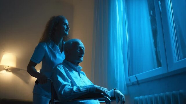 Medium shot of a quiet overnight caregiver observing a senior with dementia calmly present and preventing restless wandering in a lowlight setting.