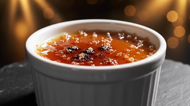 Close-up shot of a white ramekin filled with caramelized sugar-topped creme br&ucirc;l&eacute;e on a dark surface with a blurred warm-toned background.