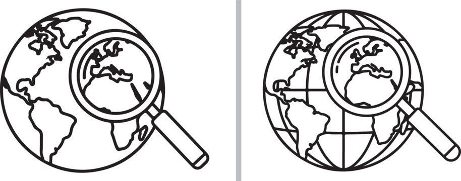 Two minimalist line-art icons featuring magnifying glasses positioned over globes, symbolizing global search, international research, and worldwide discovery or investigation.