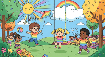 Obraz premium Children playing on swings and flying kites in a vibrant park landscape with trees, flowers, and a sunny sky with rainbow