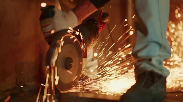 worker cutting metal at floor level, sparks flying along shoe line, steady hand guiding disc, gritty renovation site, intense warm sparks contrast with cool shadows