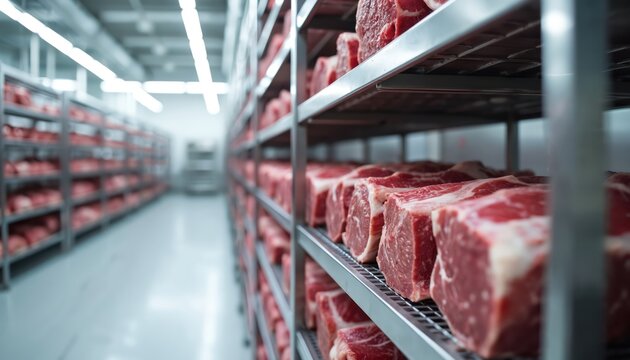 Fresh lamb cuts stacked on metal shelves in a cold storage facility. Industrial meat processing plant with orderly rows of raw protein ingredients. High quality meat production for culinary uses.