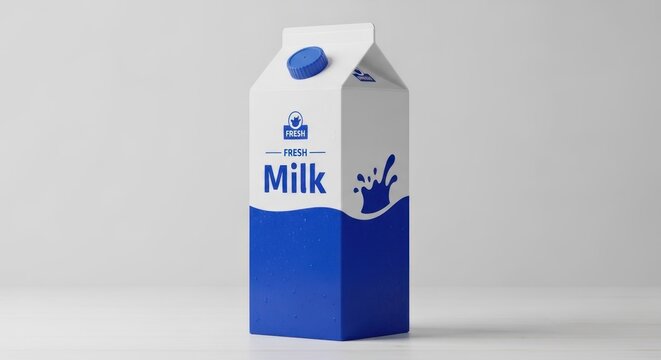 A milk carton with a blue and white label, placed on a white surface with a light background.