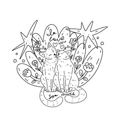 Naklejka premium Cute kawaii-style vector graphics of cats kissing on a white background, surrounded by plants and flowers. Romantic illustration of kittens for Valentine's Day in outline style, ready for printing.