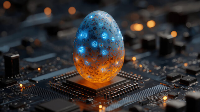 A futuristic digital egg glowing with blue and orange light, placed on an advanced circuit board, symbolizing the birth of innovation, artificial intelligence, emerging technology