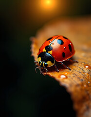 Fototapeta premium Macro shot of a ladybug with water droplets on a dry autumn leaf with soft bokeh background