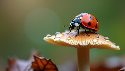 Obraz premium Macro shot of a ladybug with water droplets on a mushroom cap in a forest setting