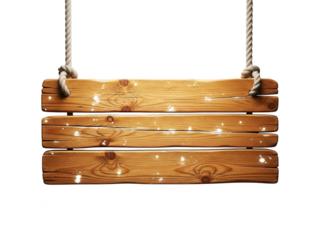 Rustic wooden sign board hanging by ropes on transparent background for empty banner placement