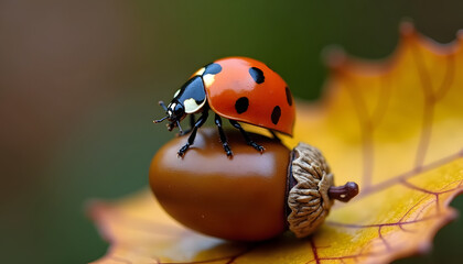 Obraz premium Close-up macro shot of a ladybug perched on an acorn resting on a vibrant autumn leaf