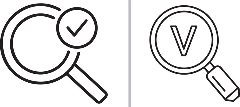 A minimalist vector set of black and white magnifying glass icons featuring checkmarks and the letter V. Ideal for representing search verification, data validation, and inspection results.