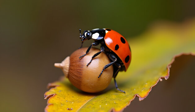 Close-up of a bright red ladybug perched on an acorn cap on a yellow leaf