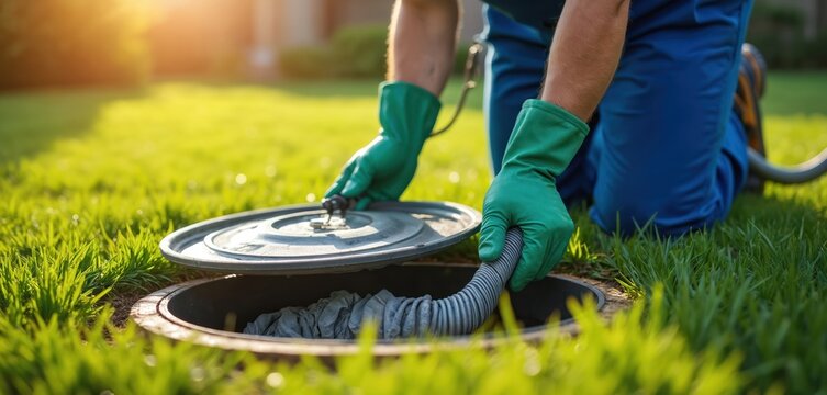 Worker pumps septic tank in grassy yard during sunny day. Pro uses hose for waste removal and system maintenance. Home sewage cleanup service.