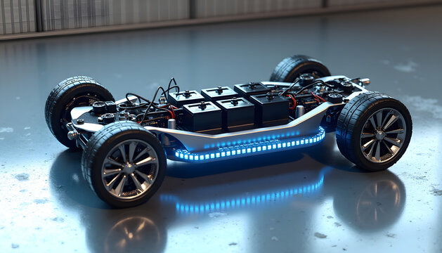 Electric vehicle chassis with battery pack and blue LED lighting, futuristic automotive design