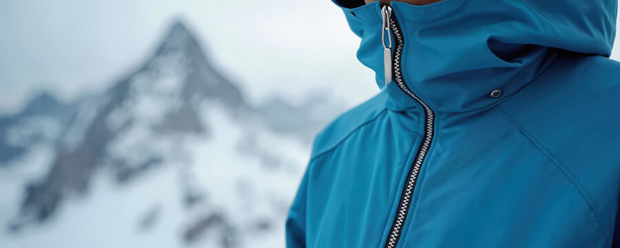 Person wears blue hooded ski jacket with zipper. Snowy mountain peak in background. Winter apparel for cold weather outdoor activity and travel.