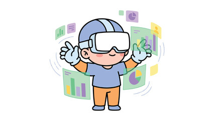 Cartoon Boy in VR Headset Interacting with Data Graphics