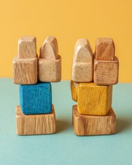 Intricately Stacked Colorful Wooden Blocks Showcasing Geometric Arrangement Against a Yellow Background