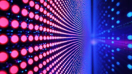 A vibrant, abstract digital art piece featuring a grid of pink and blue dots, with a gradient effect transitioning from pink to blue, creating a dynamic