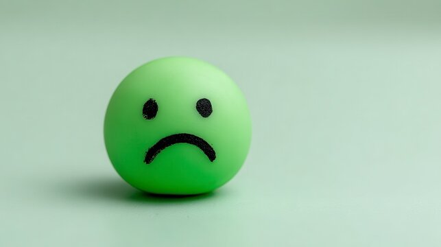 Sad Green Ball with Frown Expression on Minimalist Background Representing Unhappiness and Negative Emotion