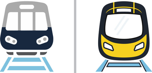 Modern vector illustrations of trains on tracks, featuring a sleek blue and grey commuter train alongside a vibrant yellow and black rapid transit model. © Muhammad