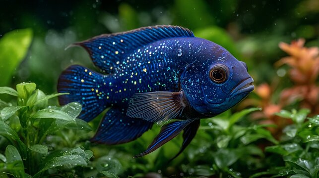 Mesmerizing Electric Blue Jack Dempsey Cichlid Fish Amidst Lush Aquatic Plants in a Vibrant Aquarium