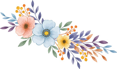 Obraz premium Watercolor floral arrangement with pastel flowers and leaves on white background