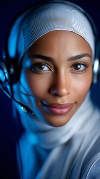 Portr&auml;t einer Callcenter Service Frau mit blauem Hijab vor dunklem Hintergrund mit sanfter Beleuchtung