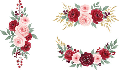 Floral wreaths and garlands with red and pink roses and greenery