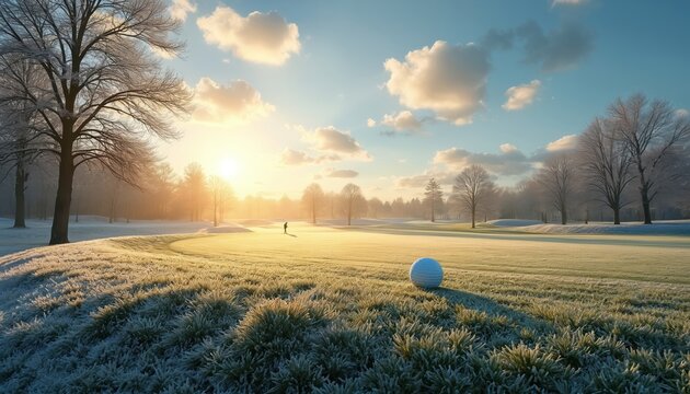 Golfer plays on frosty fairway at sunrise. Cold morning sun shines on frozen grass and bare trees. Peaceful winter landscape shows golf ball ready for next shot. Calm atmosphere.