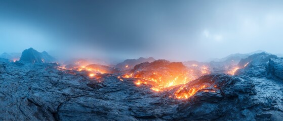 Fototapeta premium Spectacular Panorama of Fiery Lava Flow Erupting From Volcano Under Moody Sky with Dramatic Atmosphere