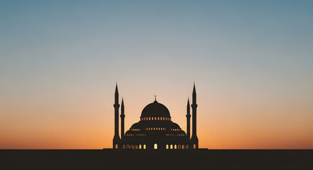 Naklejka premium Mosque silhouette against vibrant sunset sky, striking architectural form, symmetrical design, dome and minarets prominent, clear horizon line, warm color gradient, evening ambiance, religious landmar